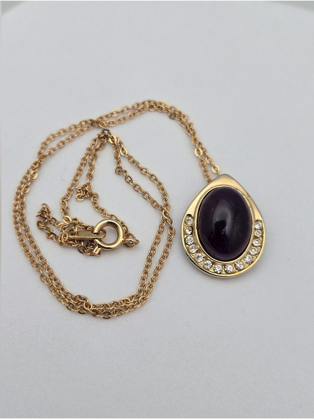 Vintage Purple Amethyst Cabochon Halo Pendant Necklace Gold Tone Rhinestone 18”